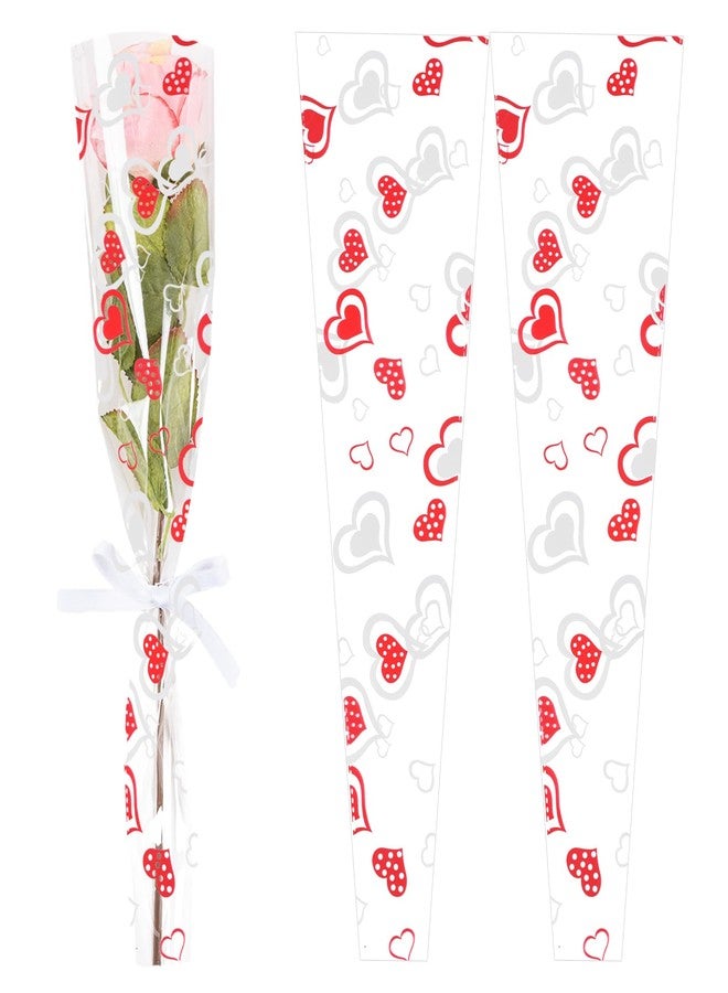 CIPOWM 100pcs Single Rose Sleeves Heart Single Flower Wrapping Bag Clear Florist Bouquet Packaging Bags Flower Sleeves for Floral Arrangement Supply Wedding Birthday Valentines Day Party Supply - Image 1